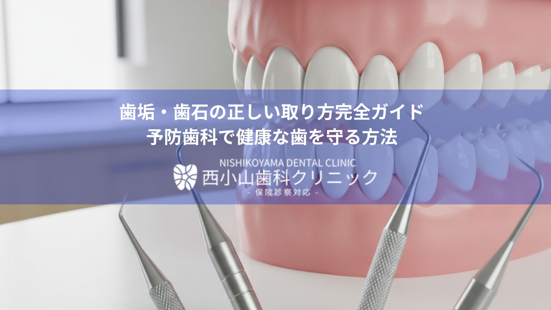Promotional banner for Nishikoyama Dental Clinic with a 3D tooth model and dental tools; Japanese text about how to remove plaque and tartar and prevent gum disease.
