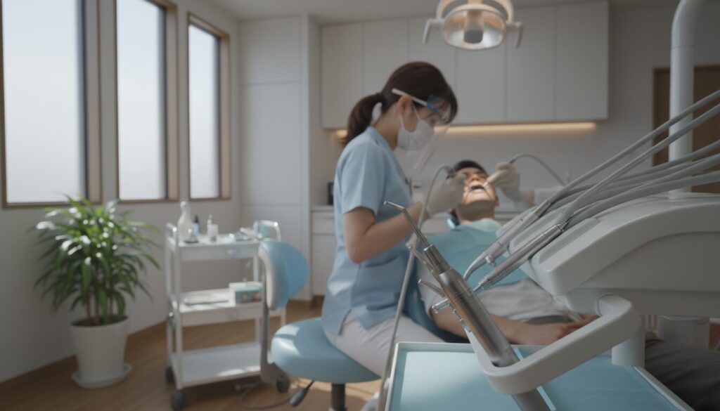 Dentist in mask and face shield treats a patient in a modern dental clinic, instruments in the foreground
