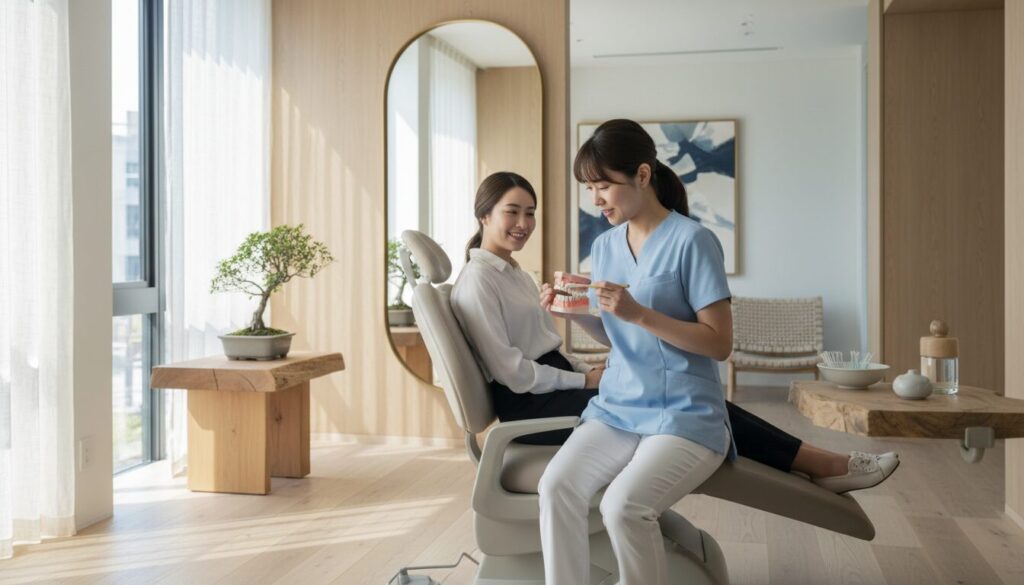 Dentist in blue uniform shows a teeth model to a patient seated in a bright dental chair area.