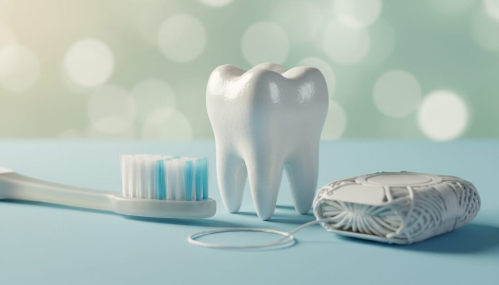 Tooth model with a toothbrush and floss on a blue surface, illustrating dental hygiene care.