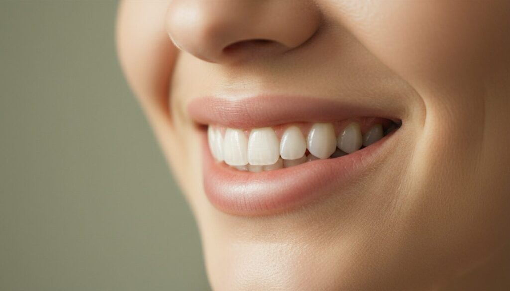 Close-up of a smiling mouth with white teeth and pink lips on a light skin-toned face.