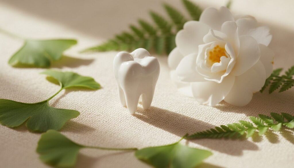 White tooth figurine on beige fabric with a white flower and fern leaves in the background.