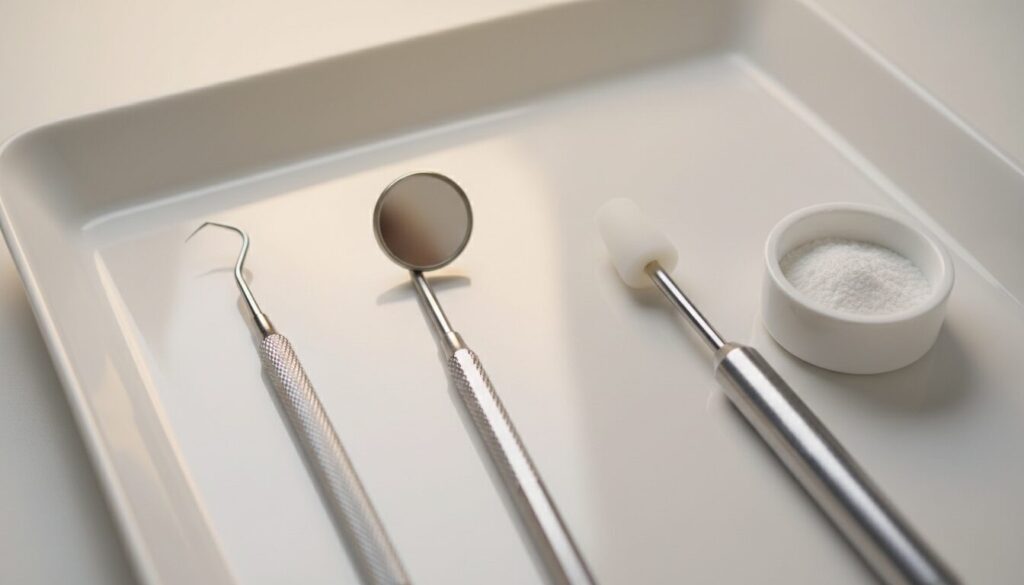 Dental tools on a white tray: mirror, dental explorer, polishing tool with a white head, and a small container of white powder nearby.