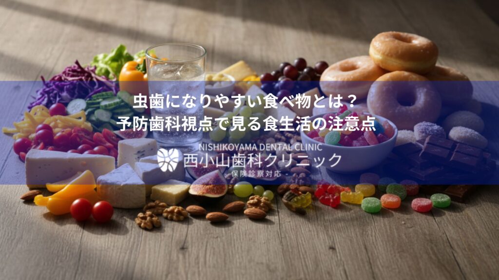 Colorful spread of foods with a blue overlay banner about cavity-causing foods from Nishikoyama Dental Clinic