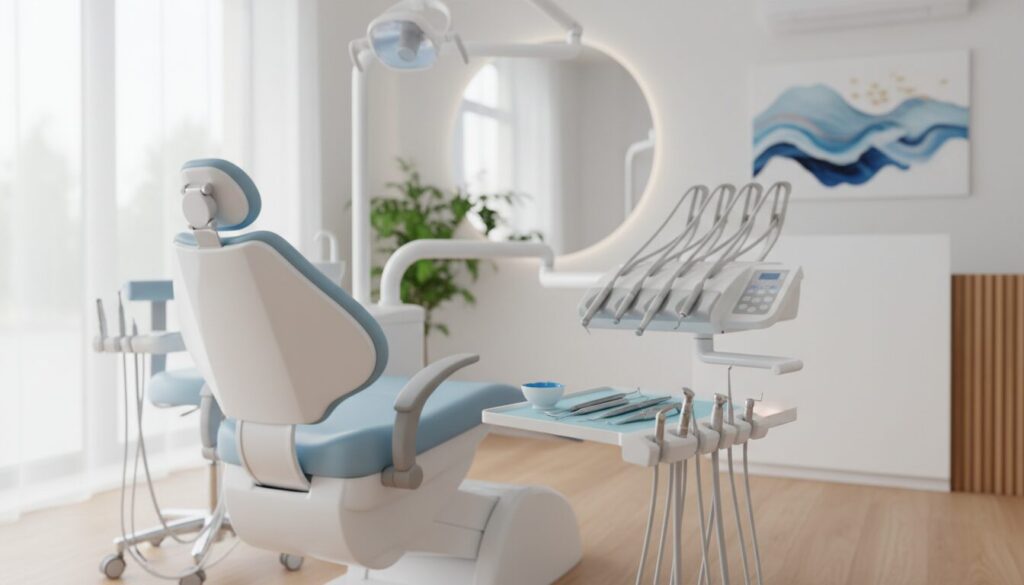 Modern dental clinic with a light blue and white chair, overhead lamp, and dental tools on a tray ready for a patient.