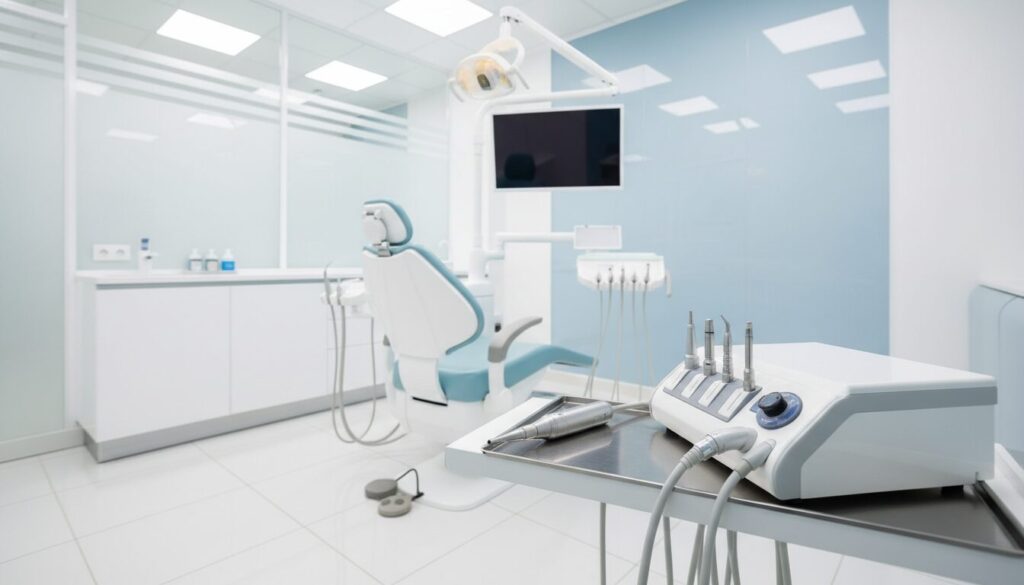 Modern dental clinic treatment room with a reclining chair, overhead light, and dental instruments on a tray ready for use