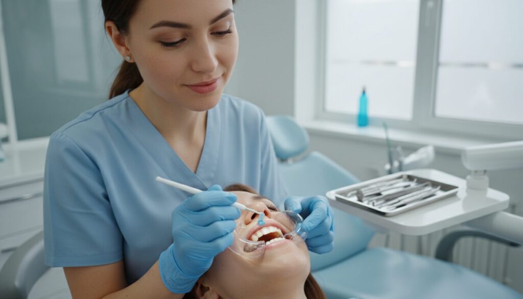 Dental professional in blue scrubs and gloves treats a patient in a dental chair with tools and retractors.