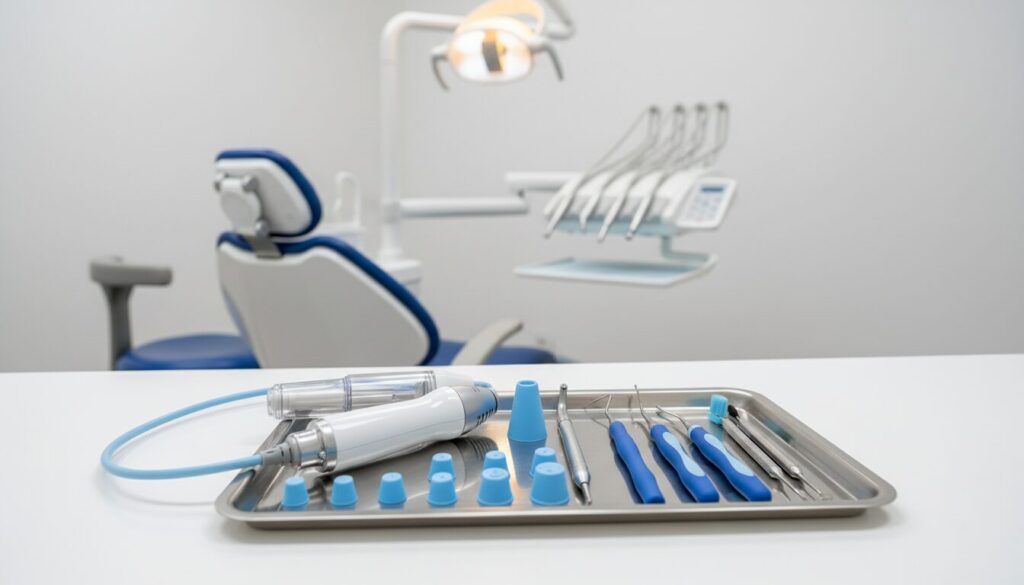 Dental tray with assorted instruments and a suction wand in a clean dentist's operatory, background shows a dental chair.