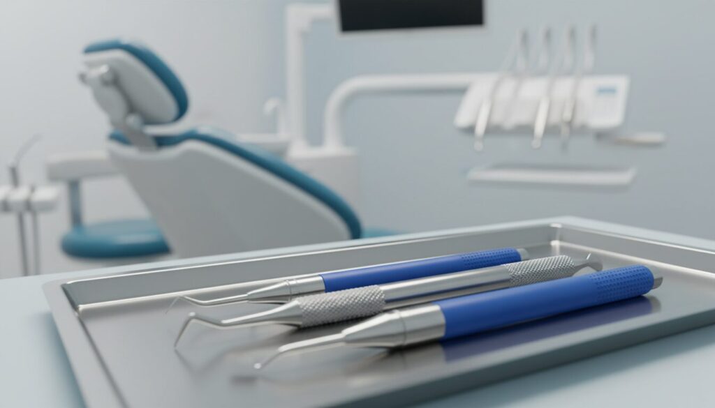 Sterile dental instruments with blue handles on a metal tray, blurred dental chair in the background.
